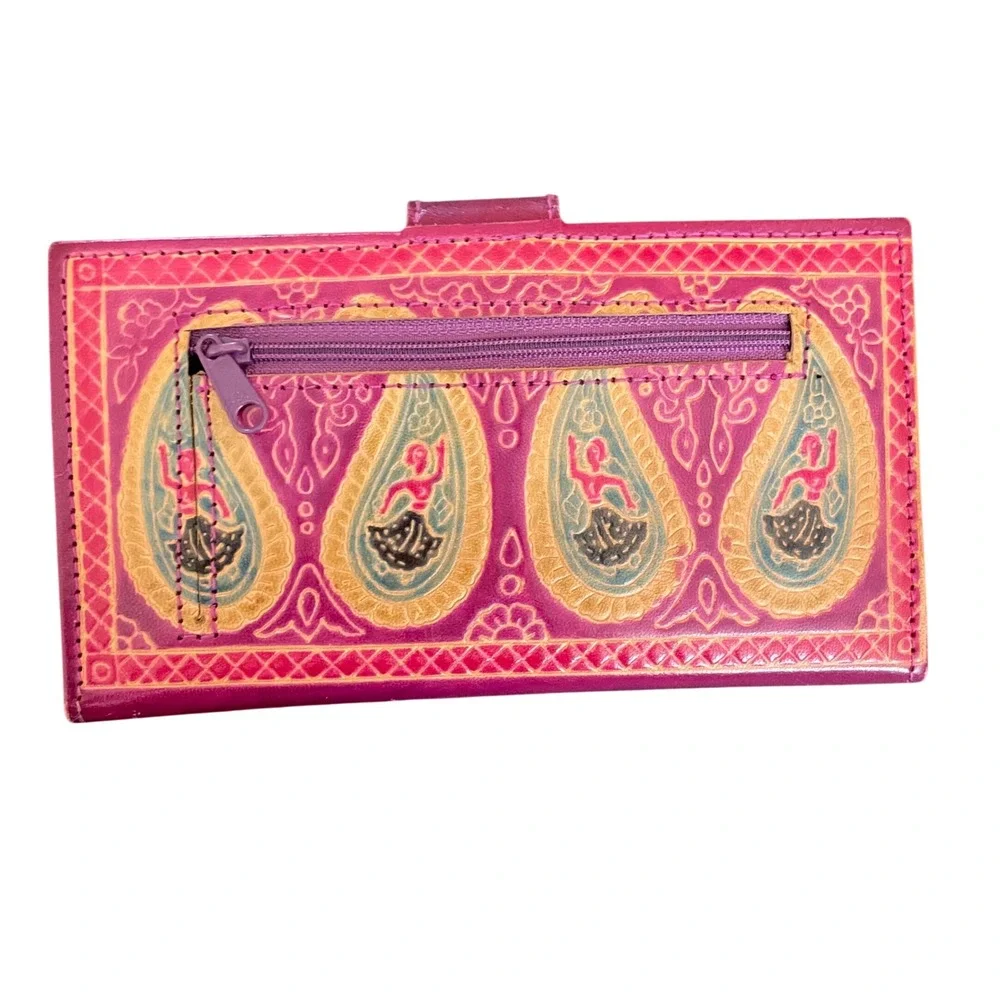 Vintage Tooled Leather Paisley Dancer Wallet Magenta Pink Boho Organizer